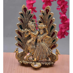 Denique Metal Radha Krishna Idol with Diya & Peacock Design – Decorative Showpiece & Gift Item